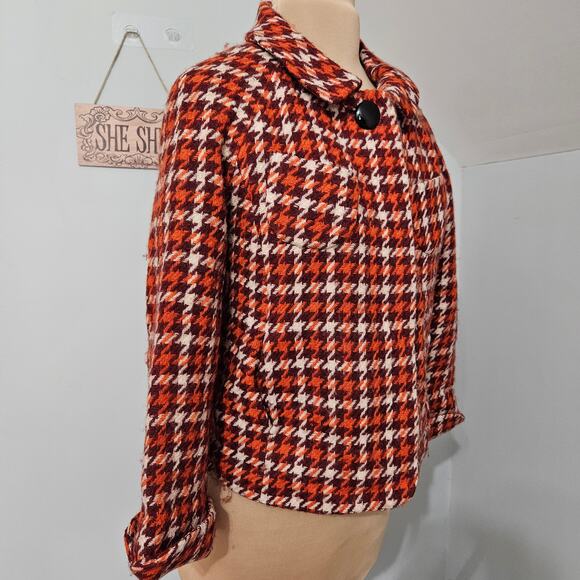 Banana Republic Wool Blend Houndstooth Jacket Medium Orange Red Winter Blazer - Picture 3 of 15